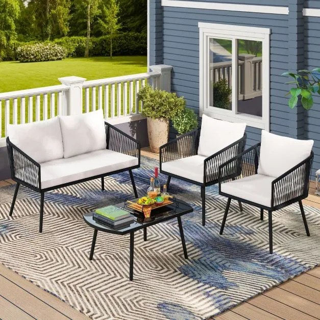 Conjunto de jardim para 4 pessoas com sofá de 2 lugares, 2 cadeiras e mesa de centro em vidro temperado Preto e branco