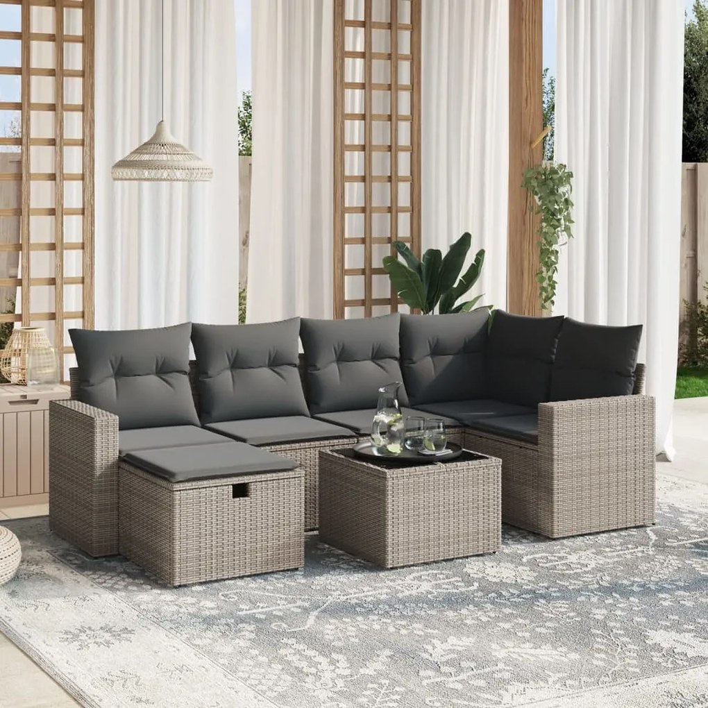 vidaXL 7 pcs conjunto sofás p/ jardim c/ almofadões vime PE cinzento
