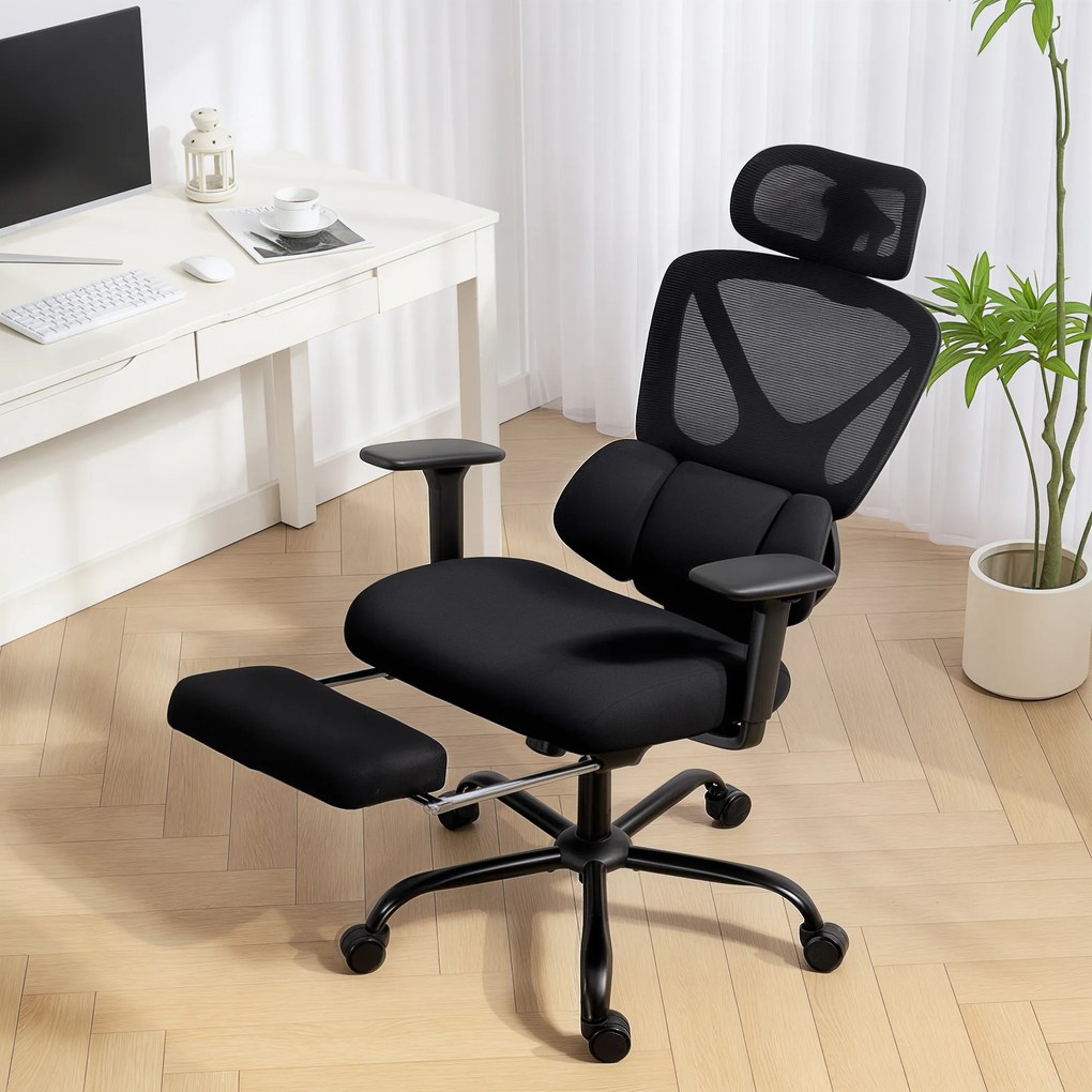 Cadeira de escritório ergonómica, cadeira de escritório com apoio lombar dinâmico e adaptável, 73 x 75 x 120-128 cm, preta