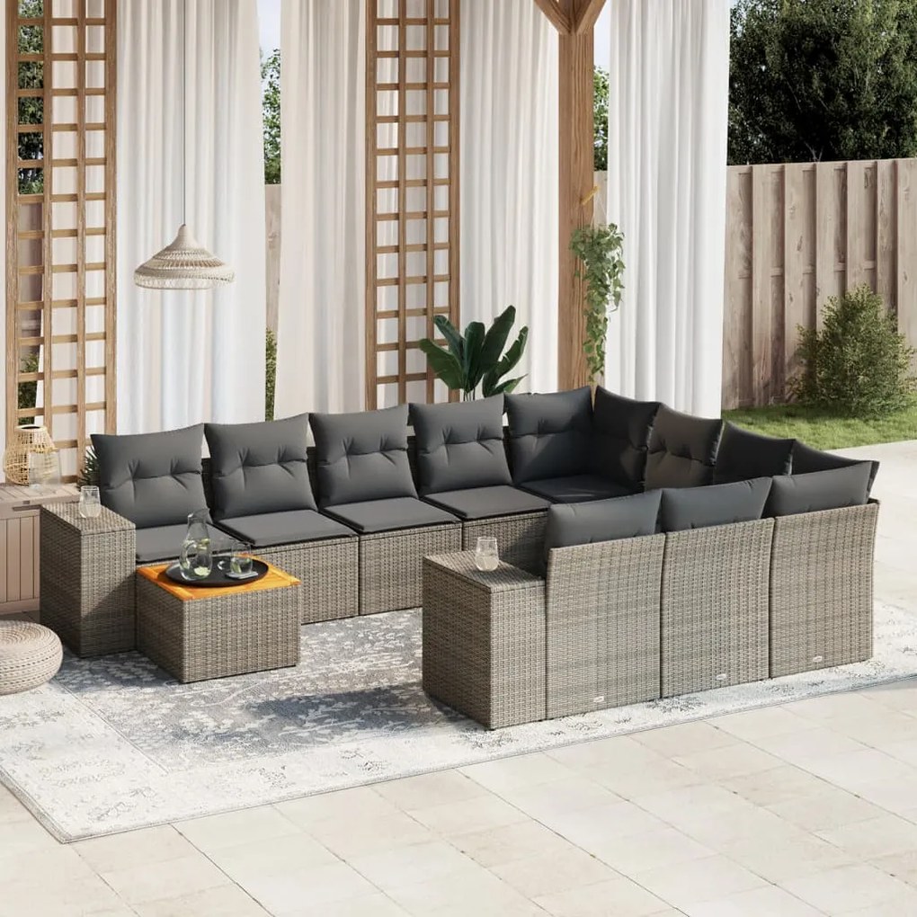 11 pcs conjunto sofás de jardim c/ almofadões vime PE cinzento