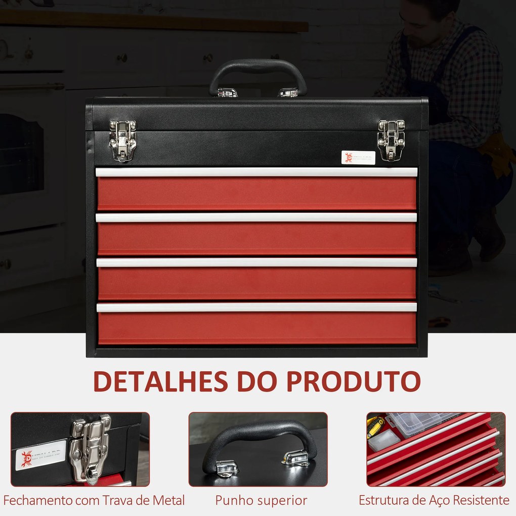 Caixa de Ferramentas de Aço com 4 Gavetas Tampa Abatível e Fechaduras Metálicas Mala de Ferramentas Portátil para Oficina Bricolage Casa 51x22x39,5 Pr