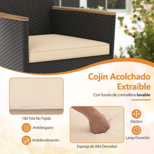 Conjunto de jantar de Jardim de 5 peças para 4 pessoas Conjunto de rattan com orifício para guarda-sol, almofadas e superfície em acácia Preto