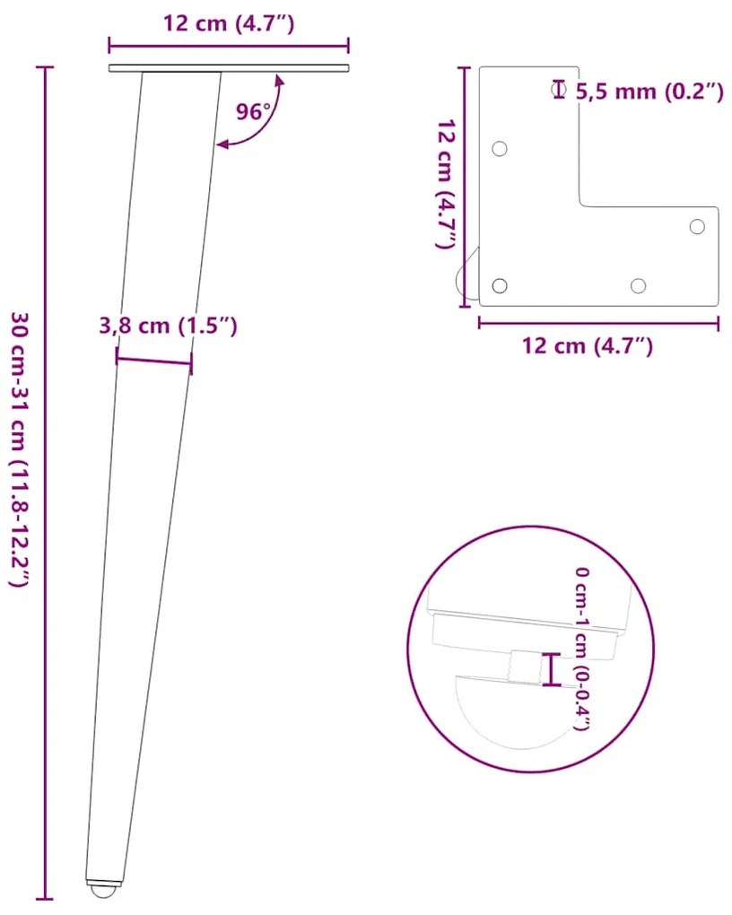 Pés para mesa de centro cônicos 4 peças, branco, 30-31 cm, aço