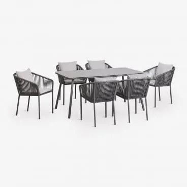 Conjunto De Mesa Retangular 160x90 Cm E 6 Cadeiras De Jantar Em Corda Trançada Arhiza Classic Cinza Grafito - Sklum