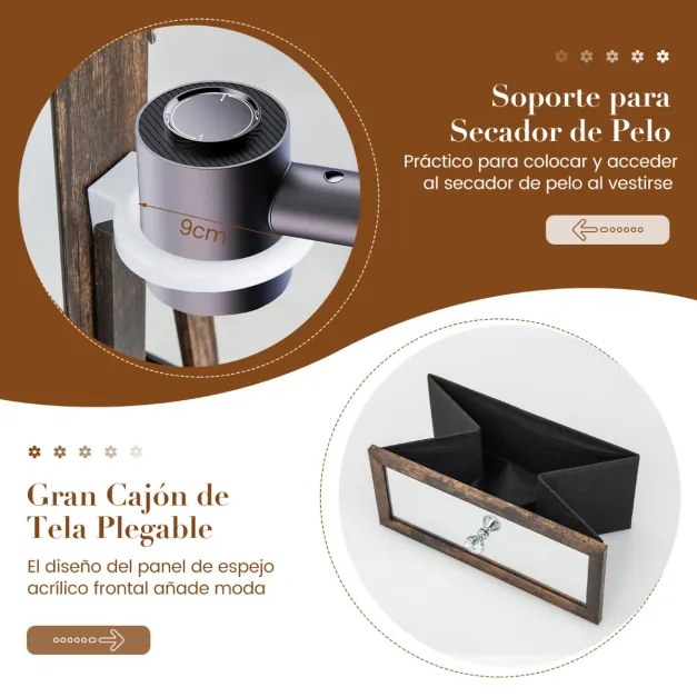 Espelho Armário para jóias rotativo a 360° com espelho, luzes LED, fecho e estante traseira cor nogueira