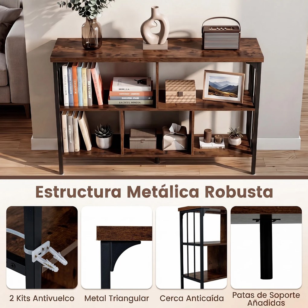 Estante de Arrumação Industrial, 109 x 34 x 76 cm, Cinco Compartimentos, Castanho+Preto