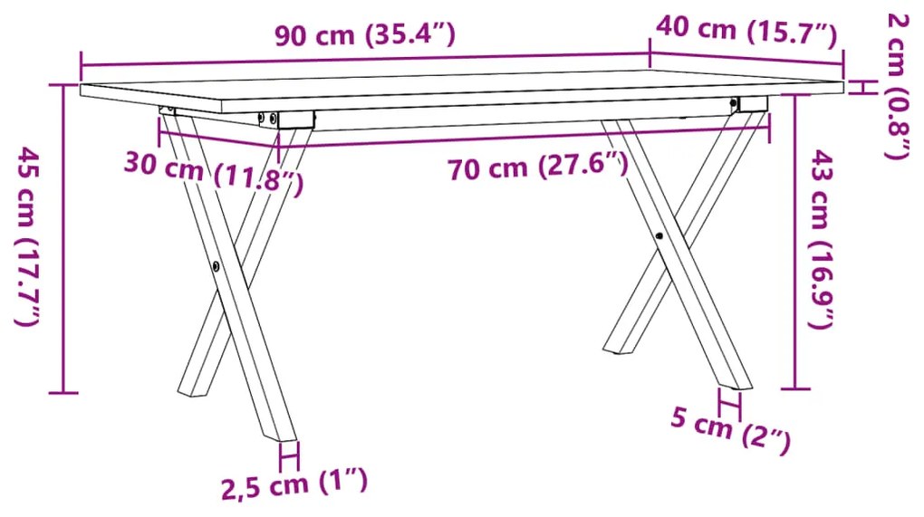 Mesa de centro estrutura em X 90x40x45 cm pinho e aço