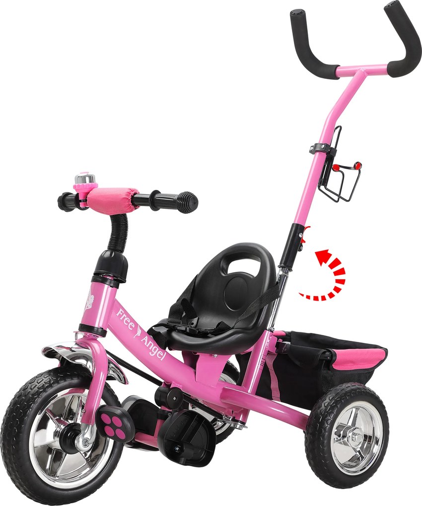 Triciclo para crianças Free Angel com Barra de empurrar em metal cor-de-rosa