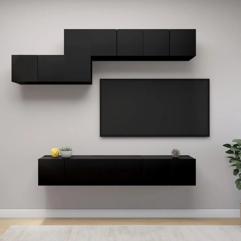 7 pcs conjunto de móveis de TV derivados de madeira preto