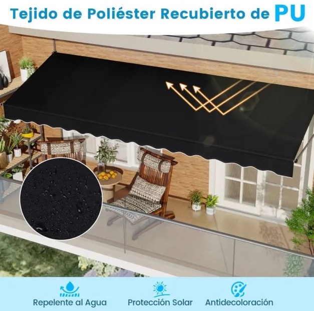 Toldo retrátil manual 4 m x 3 m Toldo exterior com altura ajustável Manivela e sem perfuração para janela Porta Terraço Preto
