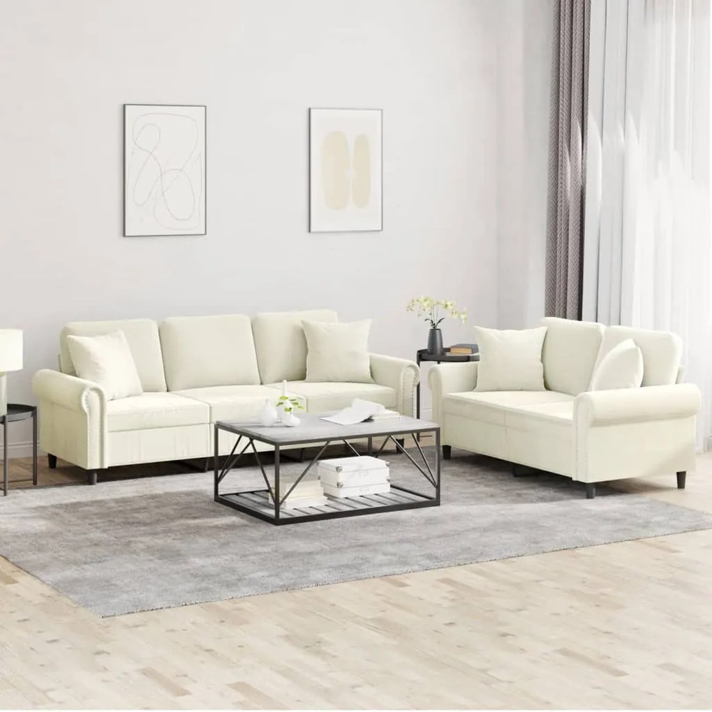 vidaXL 2 pcs conjunto de sofás com almofadas veludo cor creme