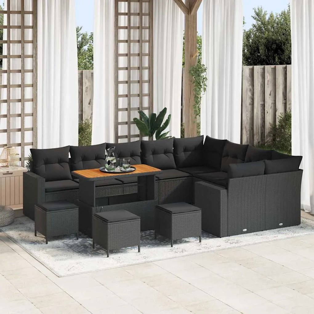 vidaXL Conjunto de Sofá de Jardim de 13 Peças com Almofadas Preto Rattan de Polipropileno Acácia