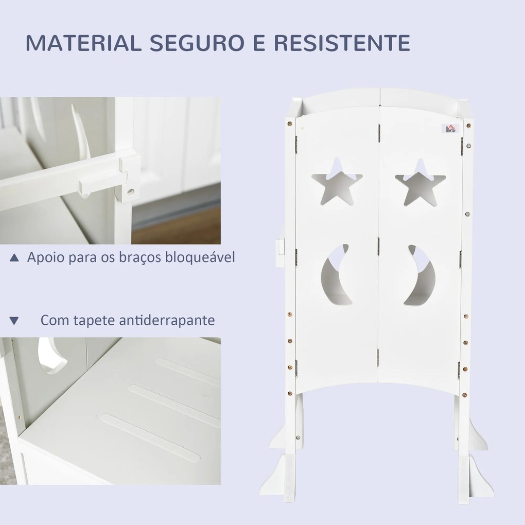 HOMCOM Torre de Aprendizagem para Crianças 3-6 anos de Madeira Torre de Aprendizagem Infantil Dobrável com Ardósia e Barra de Segurança para Casa de Banho Cozinha 56,5x56,5x94cm Branco