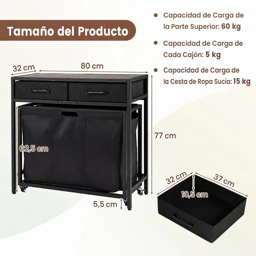 Cesto para Roupa Suja com Rodas, 80 x 32 x 77 cm, Três Compartimentos, Castanho