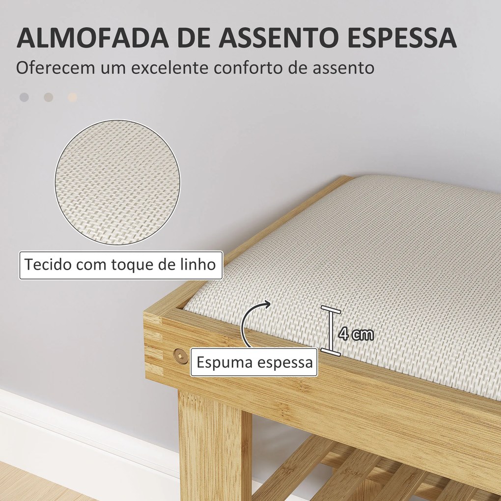 Banco Sapateira de Bambu Sapateira com Assento Almofadado 2 Prateleiras para 6 Pares de Sapatos 60x29x49 cm Madeira e Creme