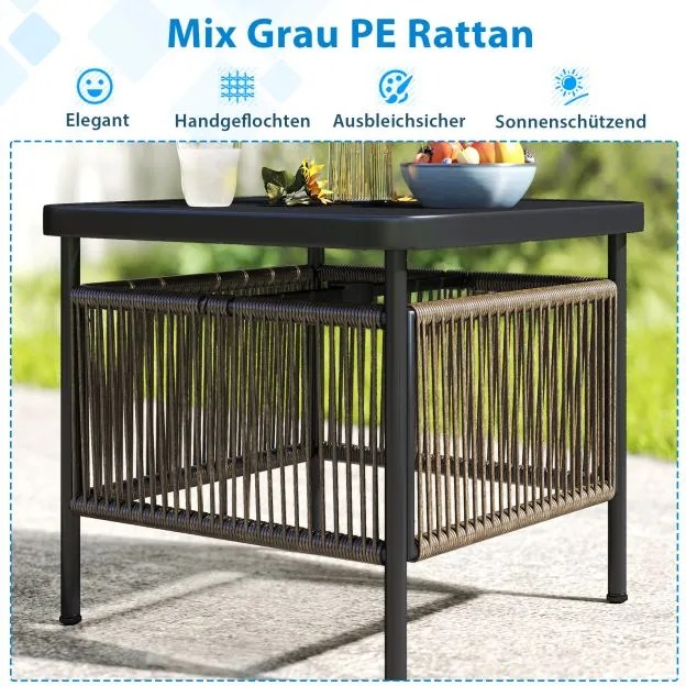 Mesa auxiliar jardim em rattan resistente às intempéries 56 x 56 x 49 cm com orifício para guarda-sol Preta