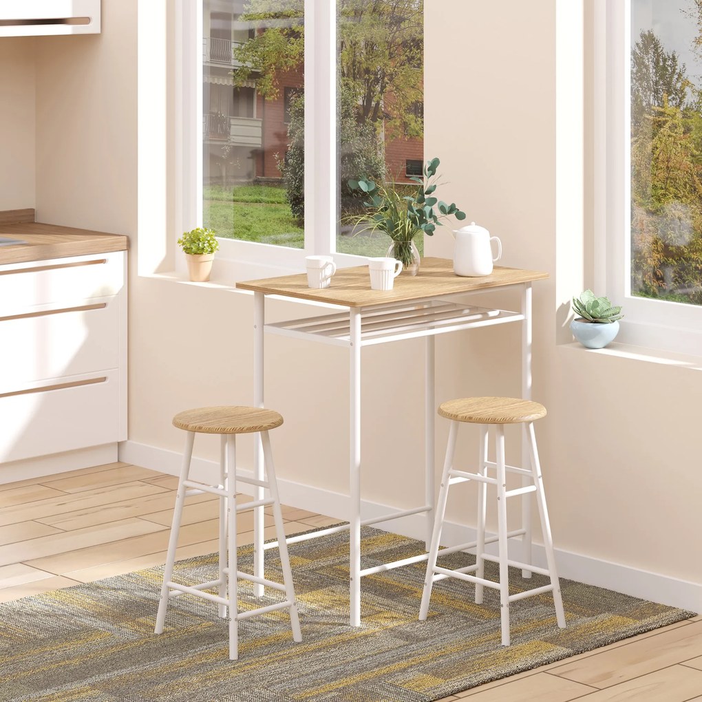 HOMCOM Conjunto de Móvel Bar Conjunto de Mesa Alta e 2 Bancos com Prateleira de Armazenamento e Estrutura de Metal para Cozinha Sala de Jantar 80x50x90cm Branco e Madeira