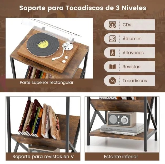 Estante de 3 níveis para gira-discos com porta-revistas em forma de V Estrutura metálica em forma de X Almofadas ajustáveis Castanho rústico
