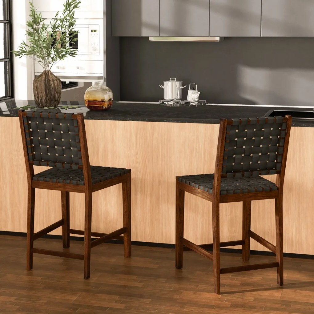 Conjunto de 2 bancos de bar de madeira com alças de couro PU e encosto confortável para cozinha, bar e restaurante 52 x 58,5 x 101 cm Castanho