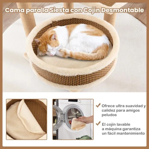 Arranhador para gatos de interior de 4 níveis com tapete de rattan Bola suspensa Brinquedo para arranhar Postes de poleiros Plataformas superiores Nat