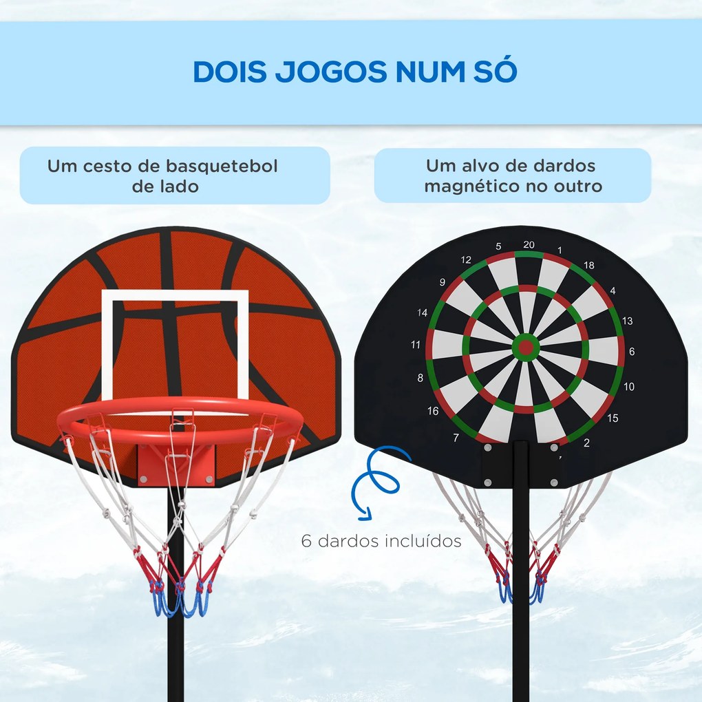 Cesto de Basquetebol 2 em 1 com Altura Ajustável 129-179 cm Aro de Basquetebol com Alvo Magnético e Dardos Ø38x129-179 cm Preto