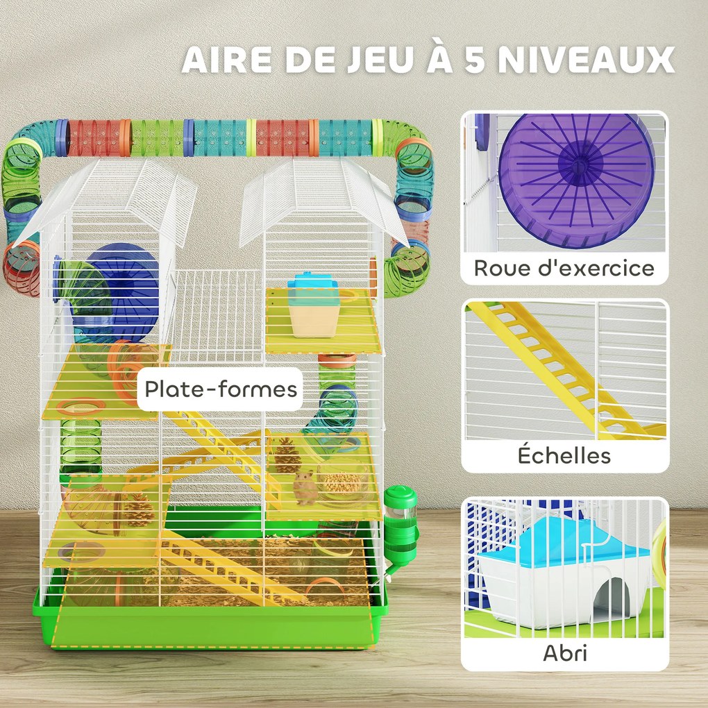 Gaiola para hamsters, ratos e pequenos roedores com túnel, comedouro, roda e brinquedo – 47 x 30 x 59 cm – verde