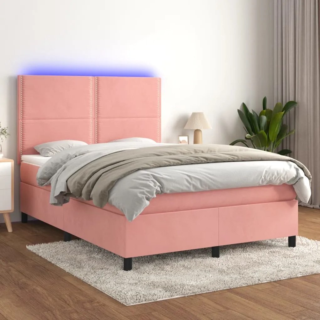 vidaXL Cama box spring c/ colchão/LED 140x200 cm veludo rosa