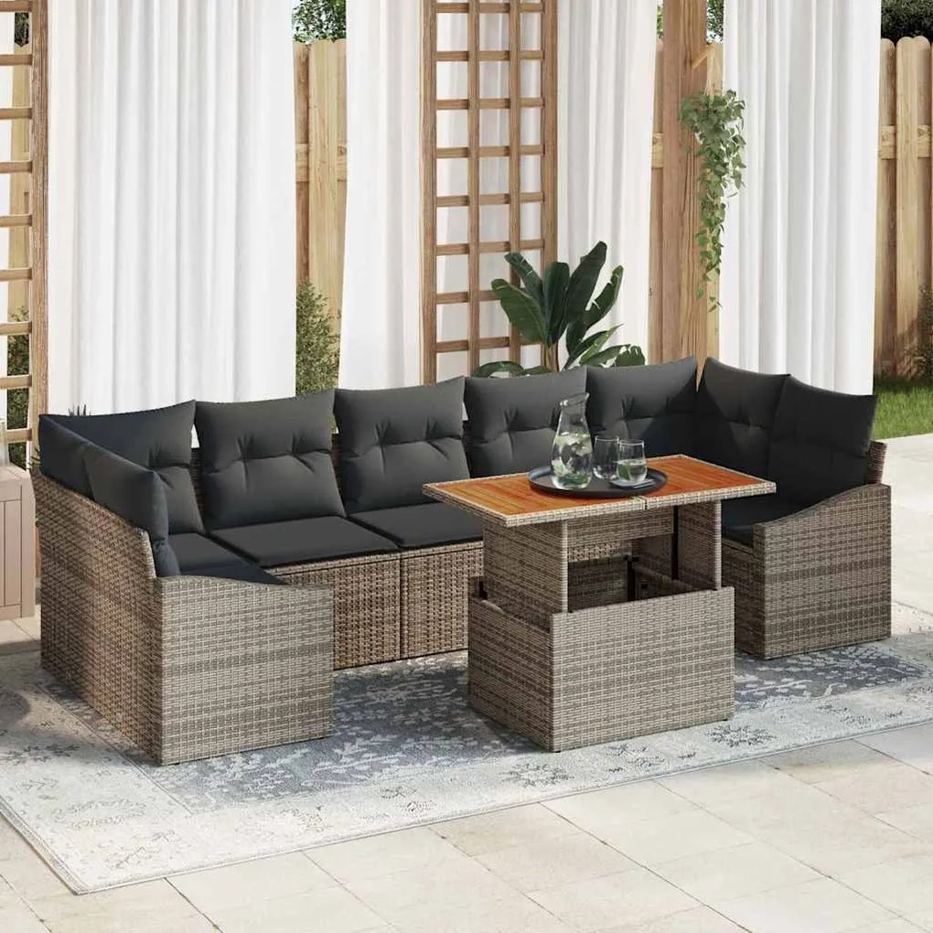 vidaXL Conjunto de Jantar de Jardim com 8 Peças e Almofadas Cinzas em Rattan Sintético e Madeira de Acácia