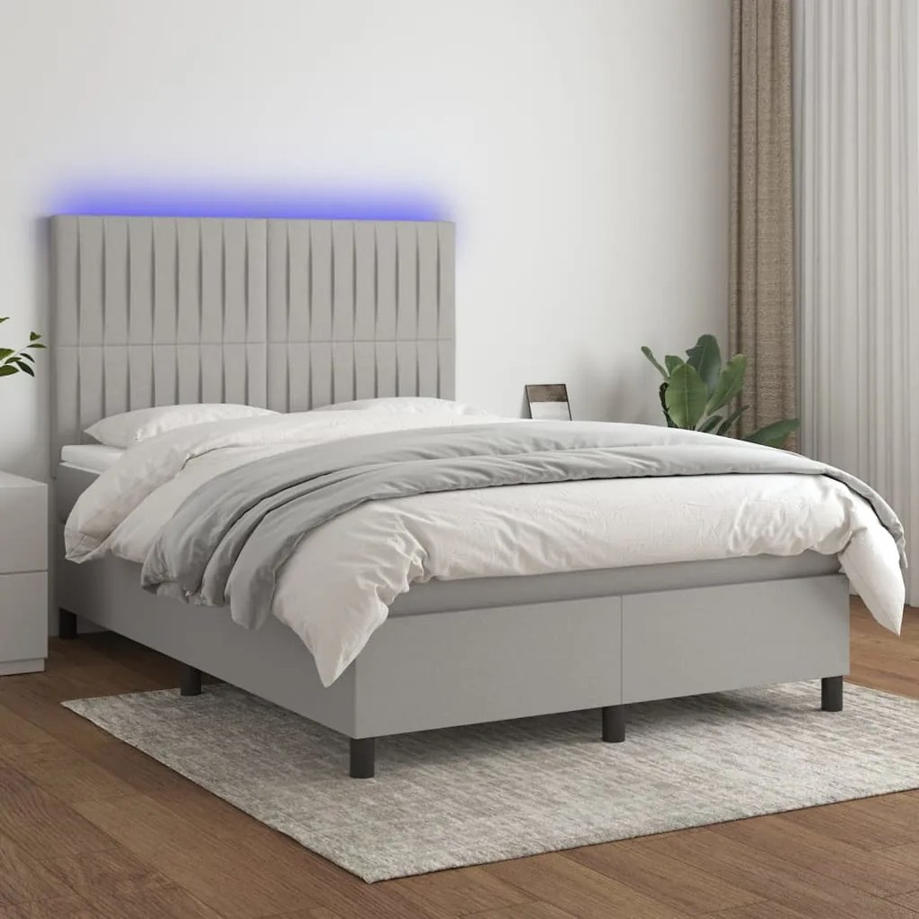 vidaXL Cama box spring c/ colchão e LED 140x190 cm tecido cinza-claro