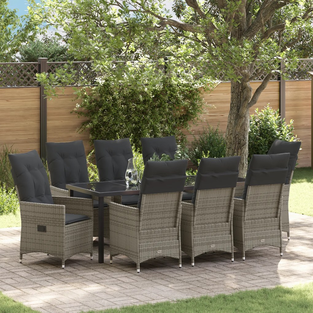 Conjunto de Jantar de Jardim de 9 Peças com Almofadas Cinza Polirattan