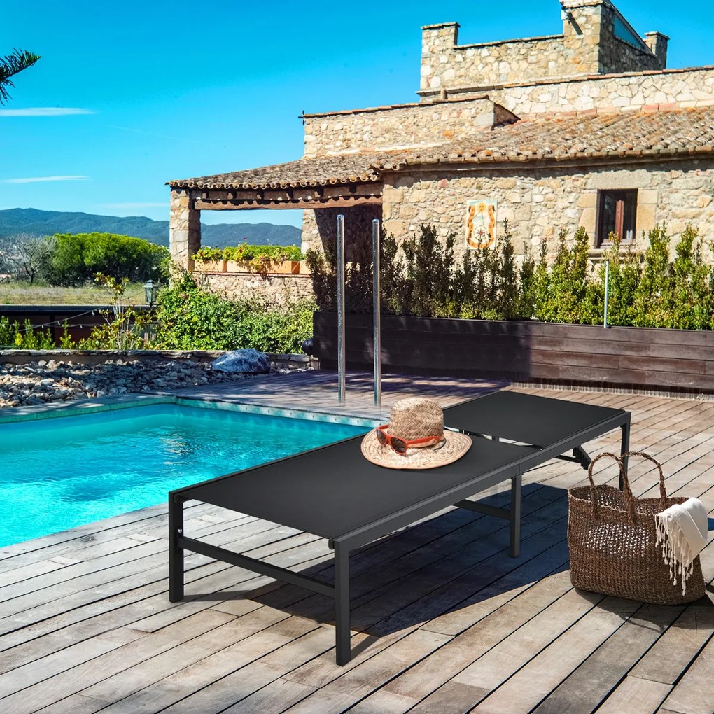 Espreguiçadeira de exterior com 6 posições de encosto ajustável Recliner de aço para piscina Praia Pátio 64 x 198 x 67-103 cm Preto