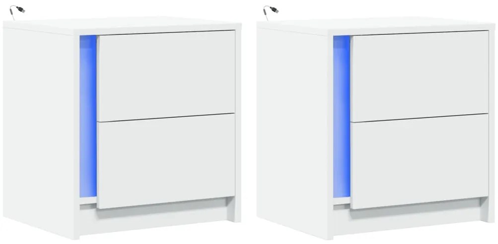 Mesas de cabeceira c/ luzes LED 2 pcs derivados madeira branco