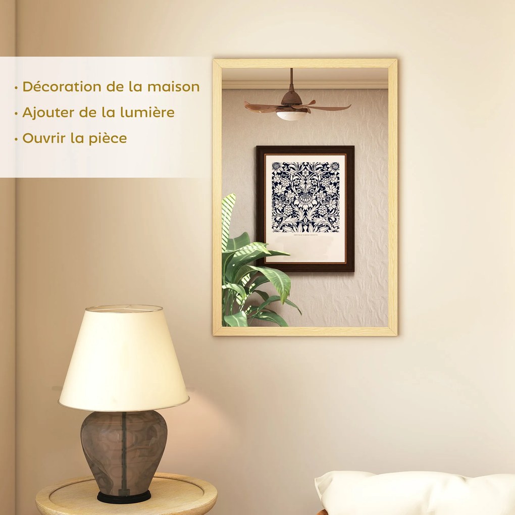 Espelho de parede retangular de 60 x 40 cm, com moldura em madeira natural, ideal para a casa de banho, sala de estar ou quarto