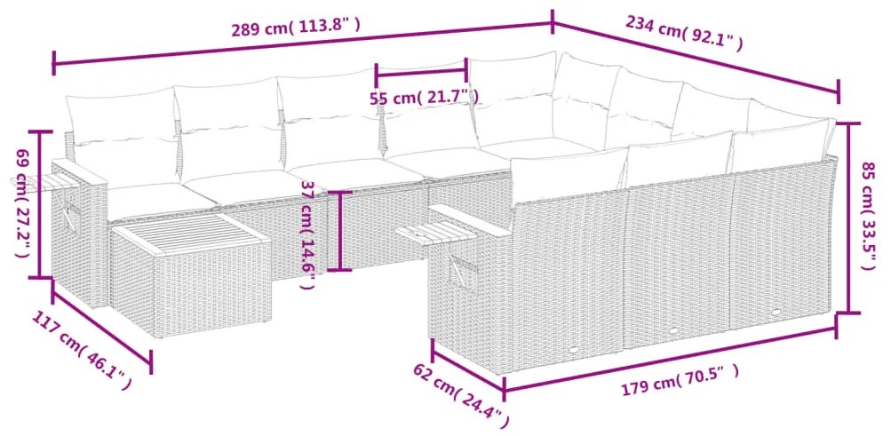 11 pcs conjunto sofás de jardim c/ almofadões vime PE bege