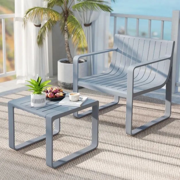 Conjunto de móveis de jardim de 2 peças Cadeira PP com mesa e cadeira de ripas Bistro para alpendre e jardim Cinzento
