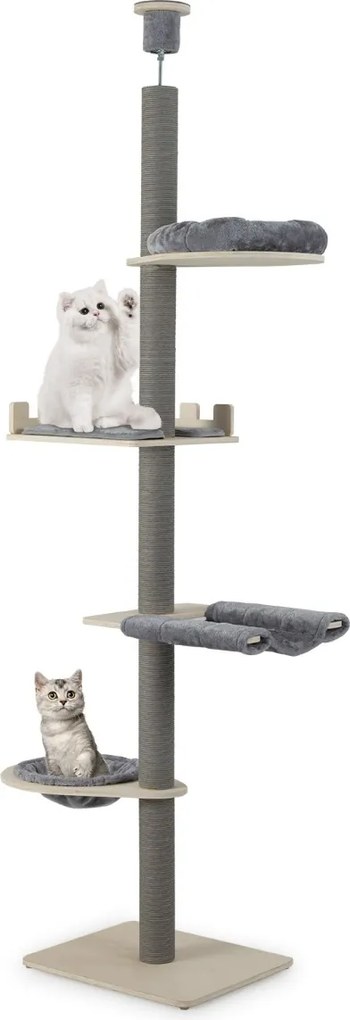 Árvore para gatos de 5 níveis, do chão ao teto, torre ajustável em madeira de 236-271 cm com cama em forma de cesta e postes para arranhar cinza