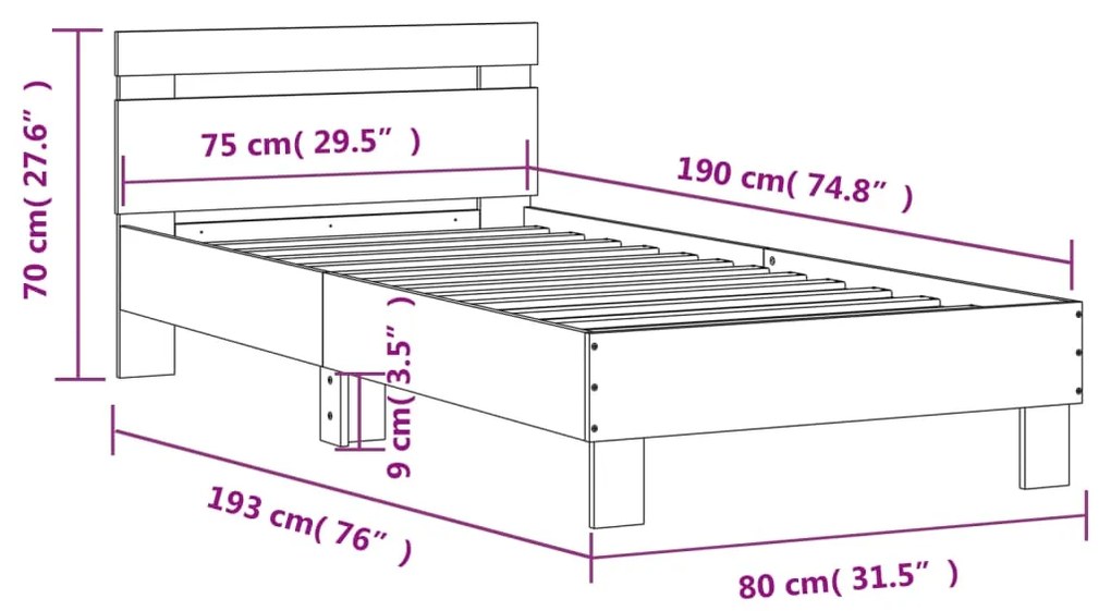 Estrutura de cama c/ cabeceira derivados madeira cinza sonoma