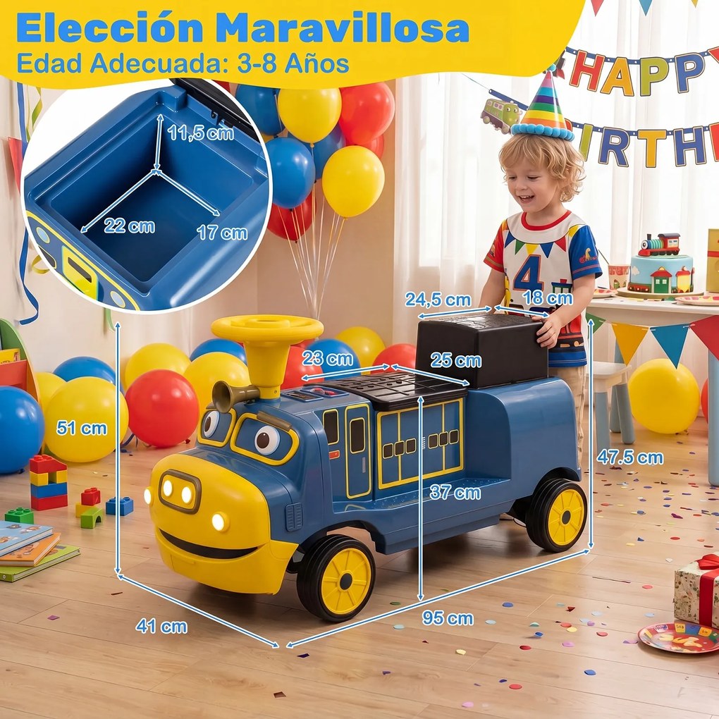 Comboio Elétrico Infantil para Conduzir de 3 a 6 anos, 93,3 x 39,5 x 52 cm, Motor Duplo de 35 W, Azul