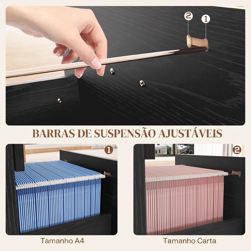 Bloco gavetas escritorio com 4 Gavetas Fechaduras e Barras Ajustáveis para Arquivo A4 e Letter 40x42x130,8 cm Preto