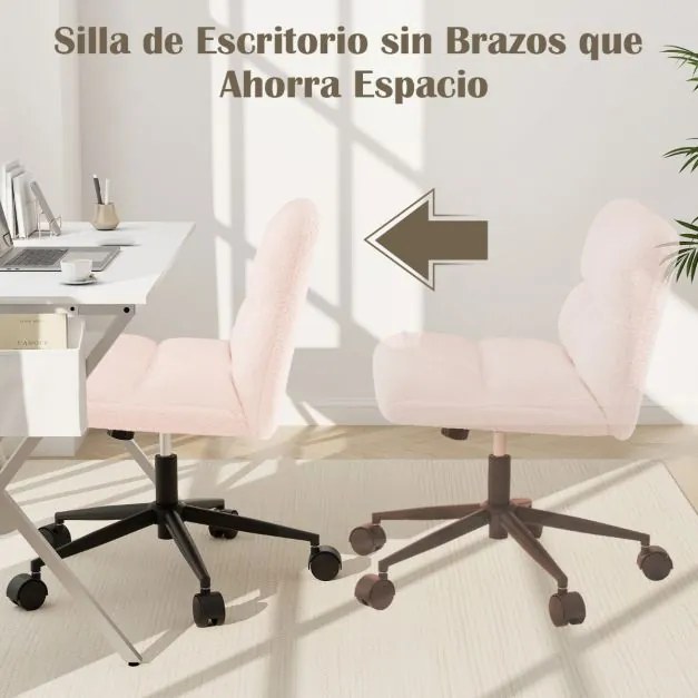 Cadeira escritório ajustável em altura com pernas cruzadas giratória estofada em veludo falso com 5 rodas rosa claro