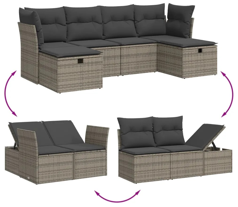 6 pcs conjunto sofás de jardim com almofadões vime cinzento
