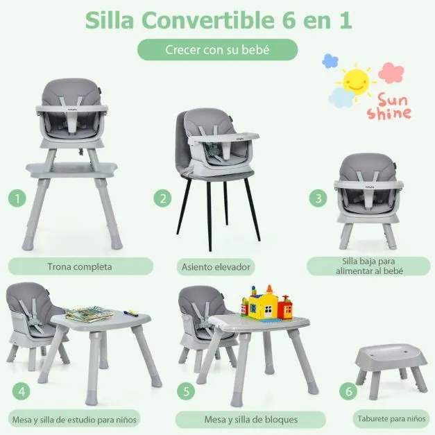 Cadeira refeiçoes bebés alta 6 em 1 convertível para bebé Cadeira de jantar Conjunto de mesa e cadeira para crianças com almofada para tabuleiro amoví