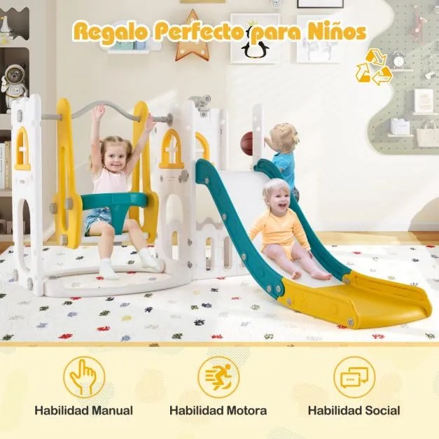 Conjunto de escorrega Crianças em forma de L 7 em 1 com baloiço, aro de basquetebol e telescópio Amarelo e Verde