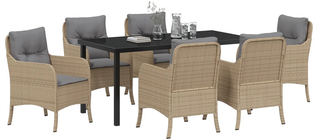 Conjunto de Jantar Jardim 7 Peças com Almofadas Bege Vime Poliéster
