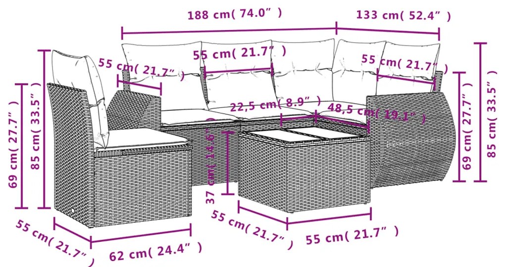 6 pcs conjunto de sofás jardim c/ almofadões vime PE castanho