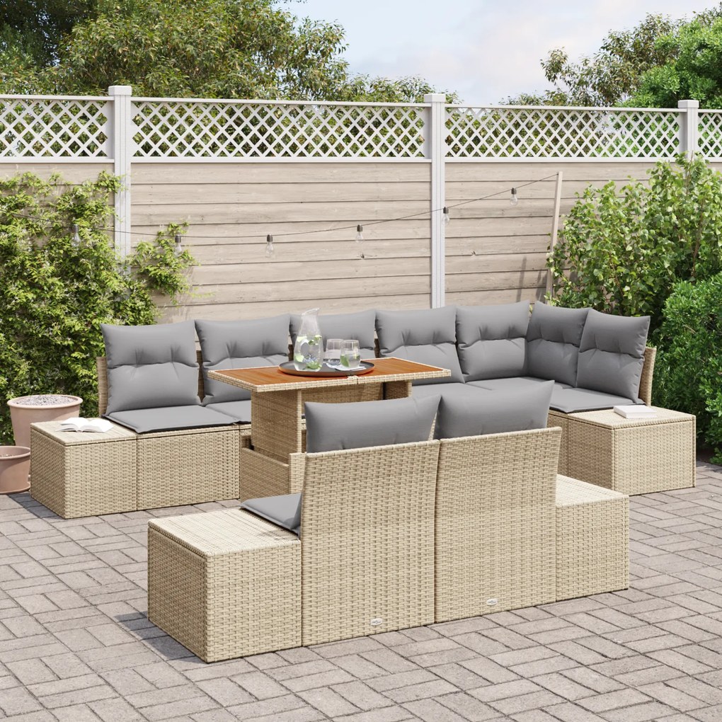 Conjunto de Jantar de 9 Peças com Almofadas Bege Rattan PE Acácia