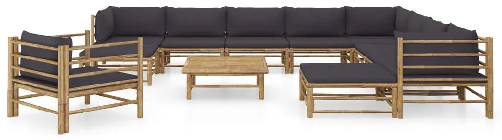 12 pcs conj. lounge jardim em bambu c/ almofadões cinza-escuro