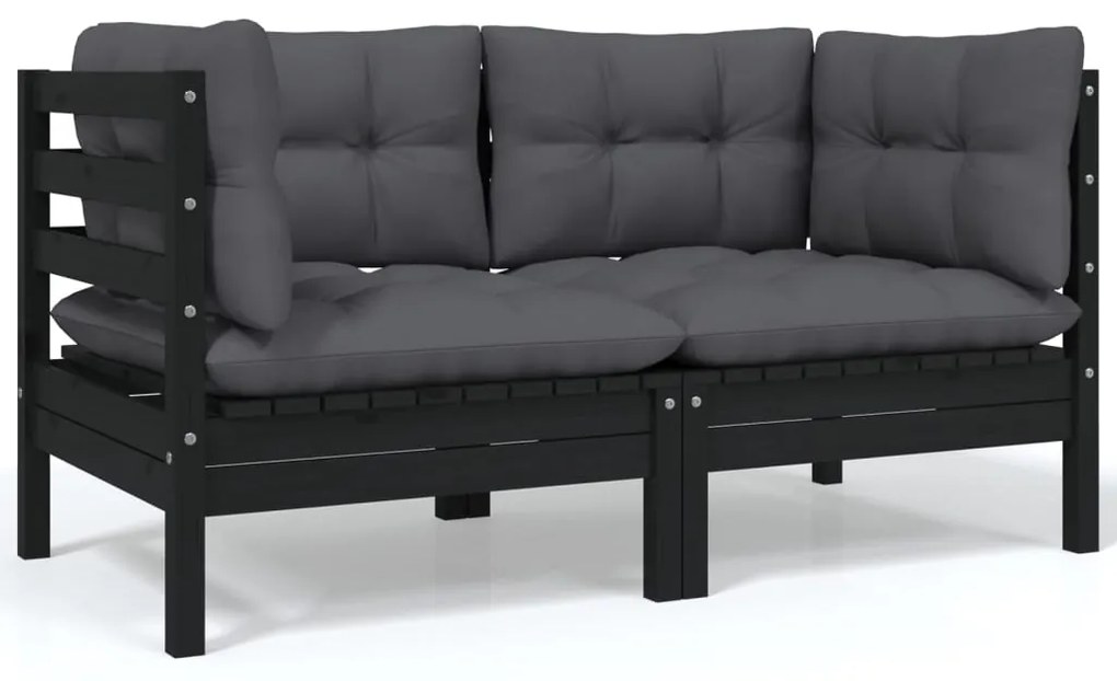 vidaXL Sofá de jardim 2 lugares com almofadões pinho maciço preto