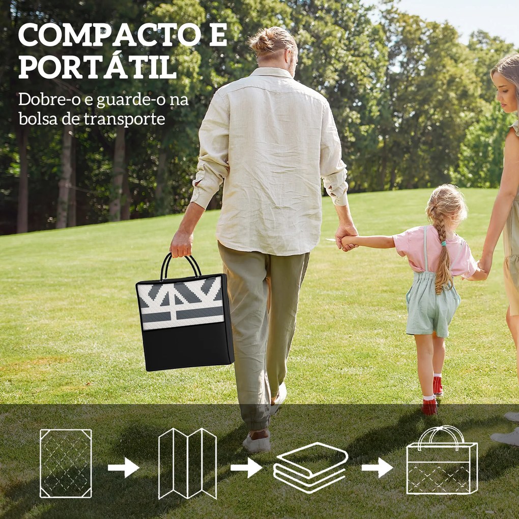 Tapete de Exterior 182x274 cm Tapete Reversível com Padrão Geométrico Impermeável Bolsa de Transporte Branco e Preto