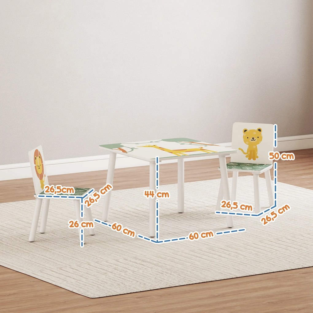 Mesa e Cadeiras para Crianças de 3 Peças Mesa Infantil com 2 Cadeiras em Madeira com Desenhos de Leões Verde